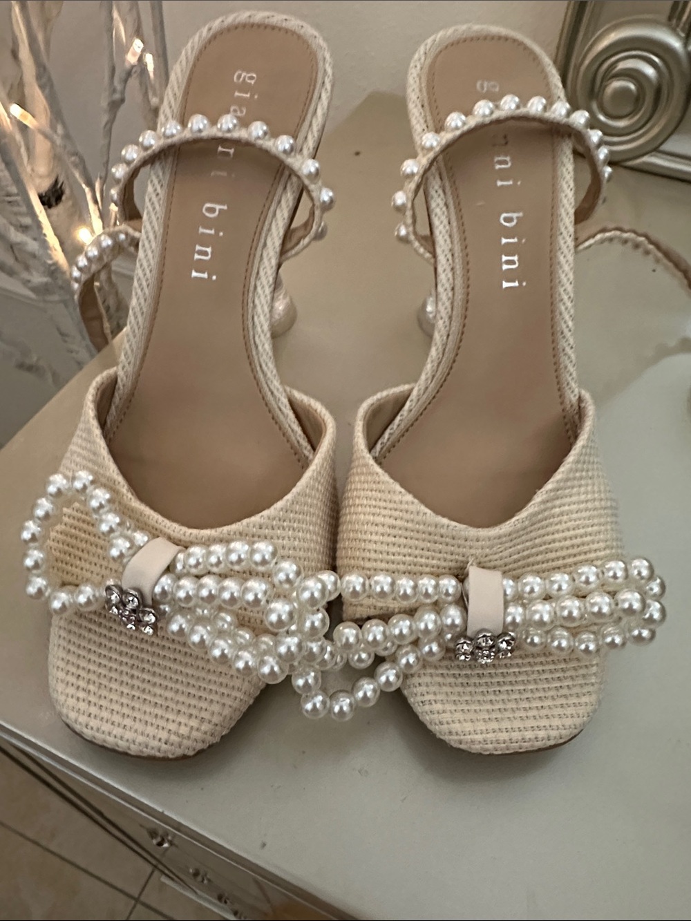 Gianni Bini Cream Pearl-Embellished Bow Heels